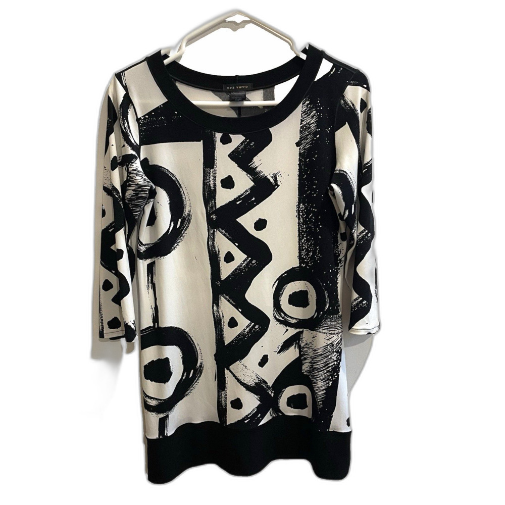 Eva Varro Black White Abstract Art Tunic Top Women’s Size S Artsy Lagenlook